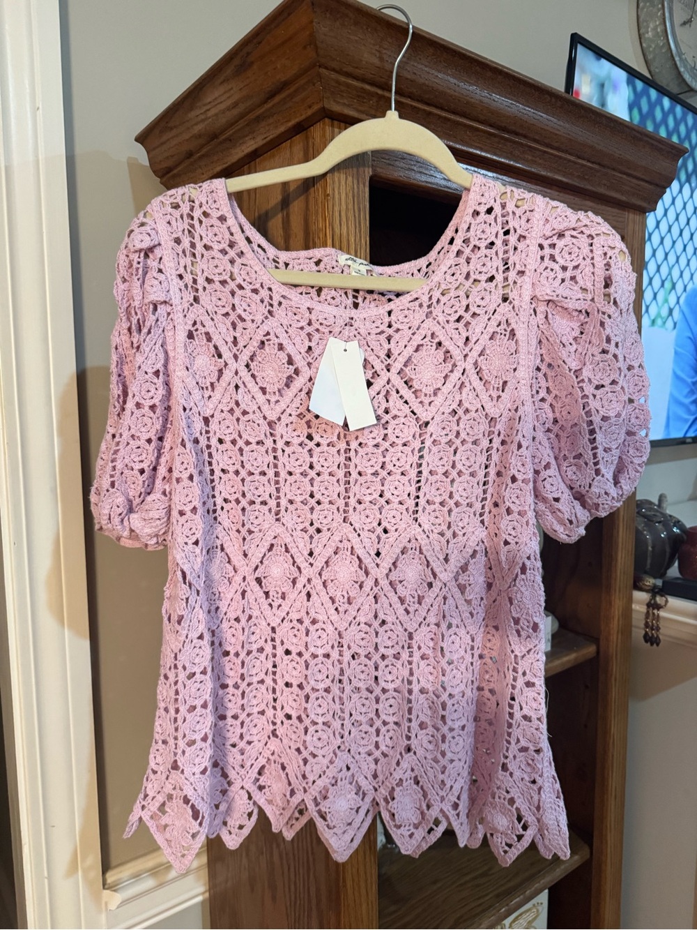 Ultra Pink Crochet Lace Puff Sleeve Top - Light Pink